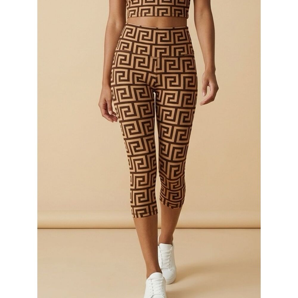 NWT - Black & Tan Grecian Print Wide Band Capri Yoga Style Leggings - OS (6-12)